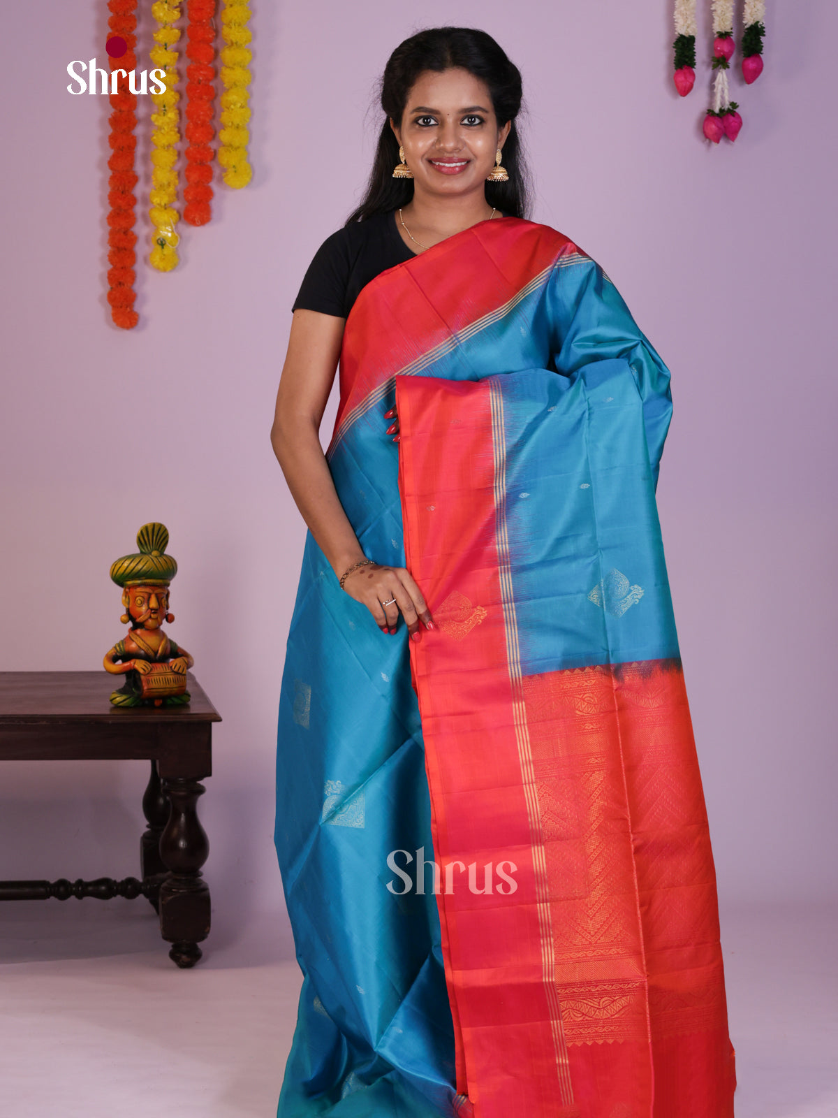 Chic & Elegant Blue  & Oragish Pink Soft Silk Saree with zari floral buttas & brocade pallu - Shop on Shrus.com