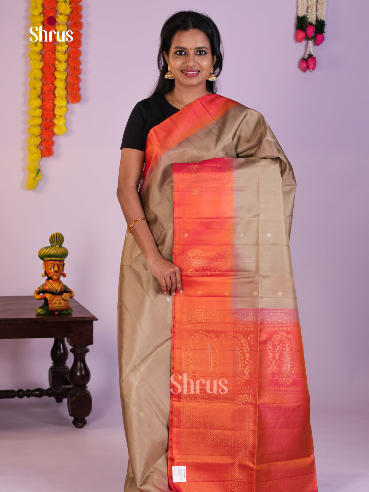 Beautiful Grey & Orange Soft Silk Saree with zari buttas & brocade pallu