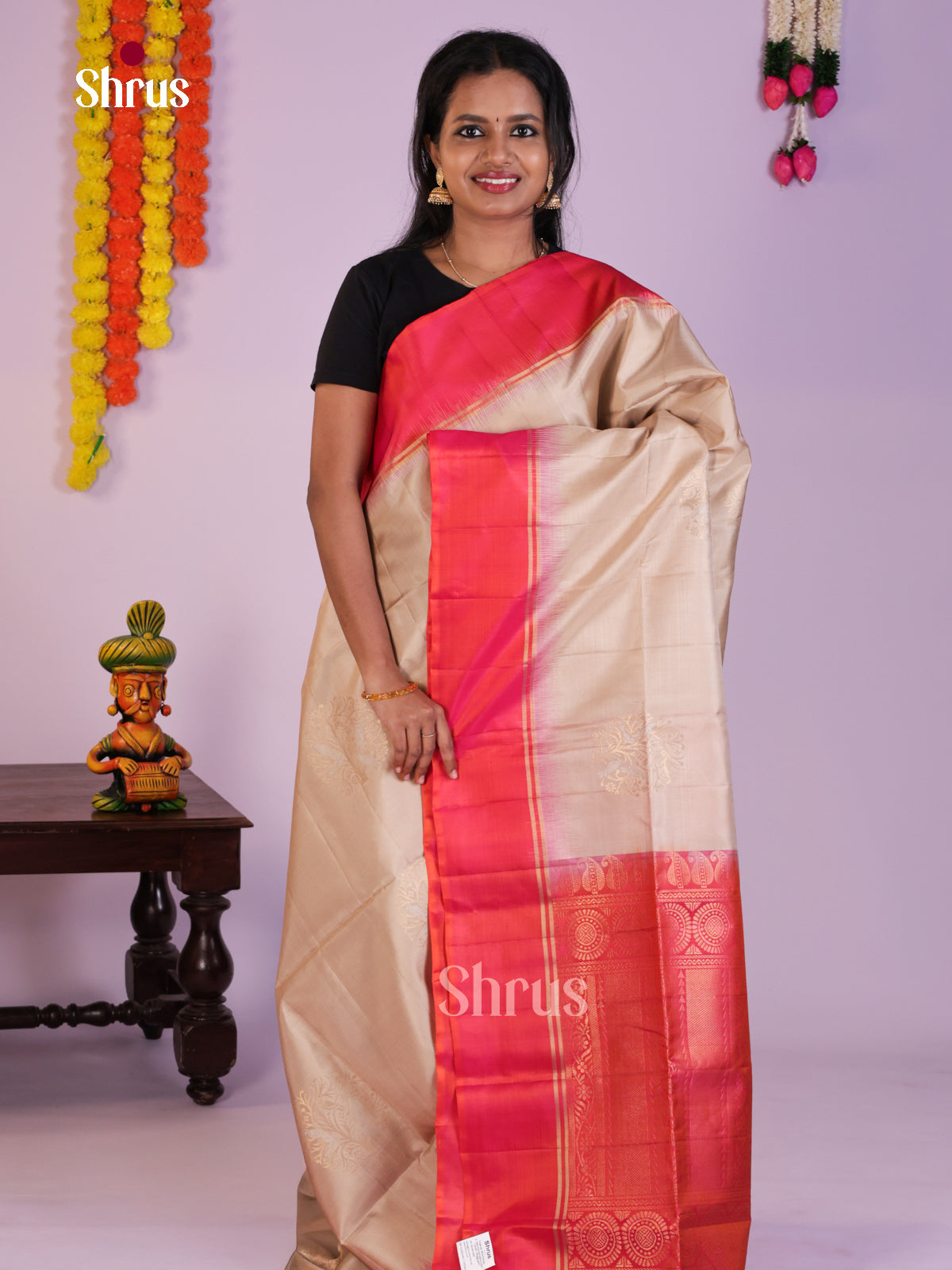 Elegant Cream & Orangish Pink Soft Silk Saree with zari tree motifs - Shop on Shrus.com