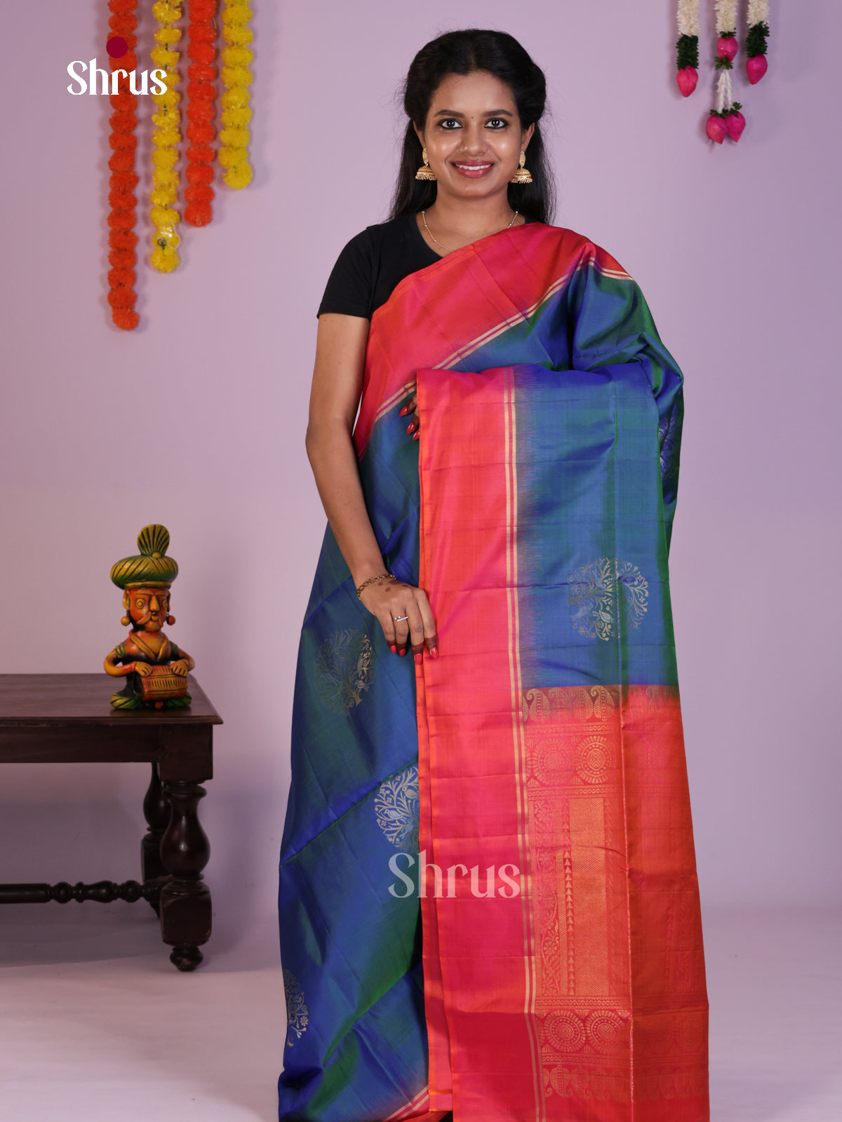 Vibrant Blue & Orangish Pink Soft Silk Saree with zari tree motifs  & brocade pallu