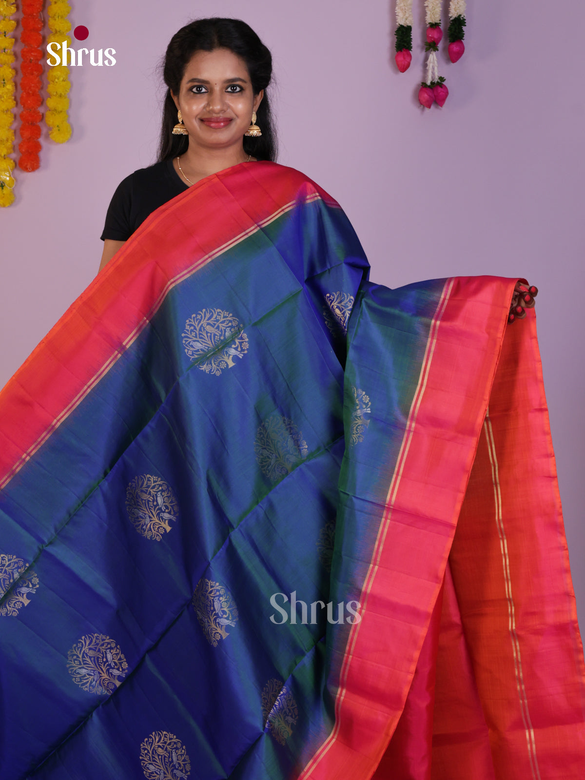 Vibrant Blue & Orangish Pink Soft Silk Saree with zari tree motifs  & brocade pallu