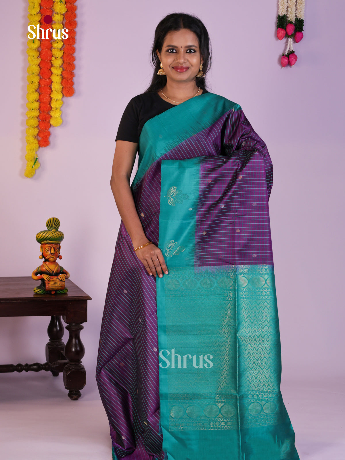 Regal Violet & Teal Blue Soft Silk Saree with stripes & Zari buttas