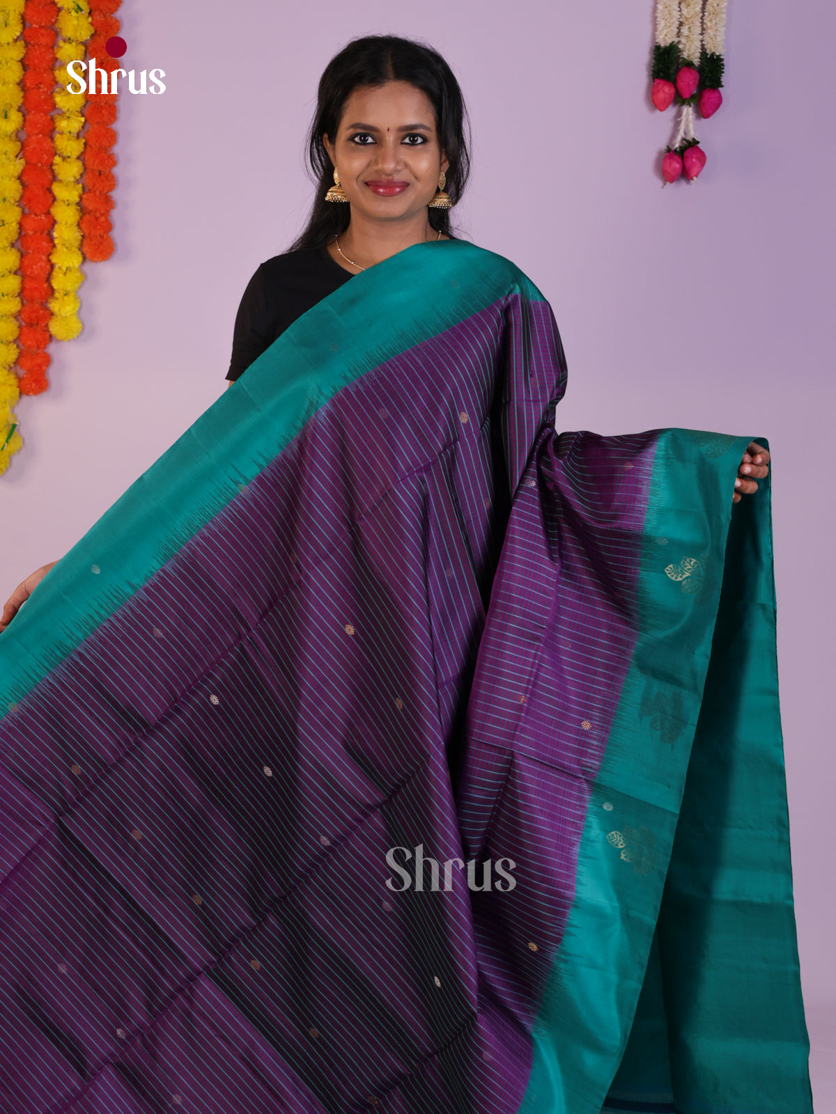 Regal Violet & Teal Blue Soft Silk Saree with stripes & Zari buttas
