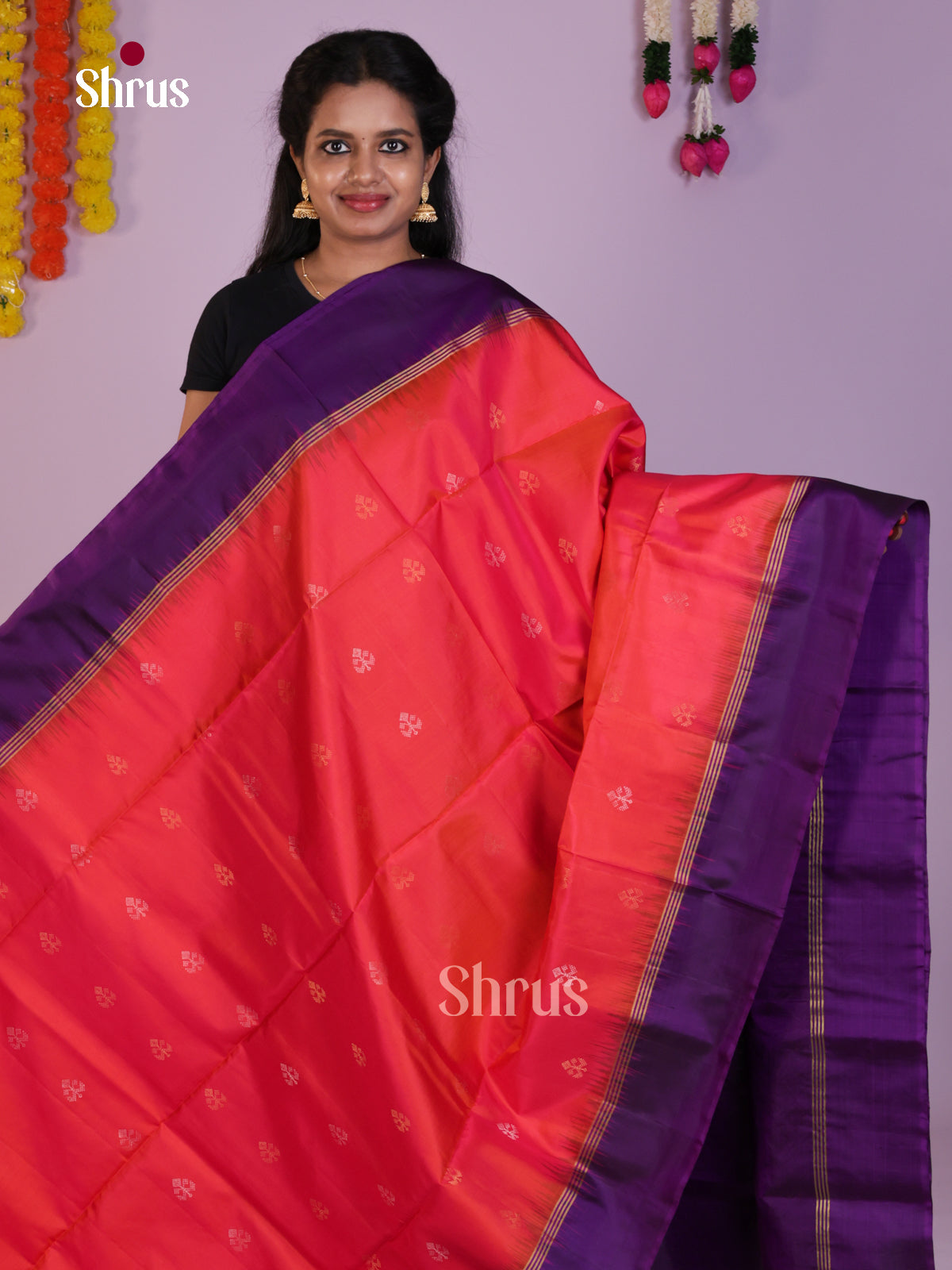 Radiant Orangish Pink Soft Silk Saree with zari floral buttas & criss cross brocade pallu - Shop on Shrus.com