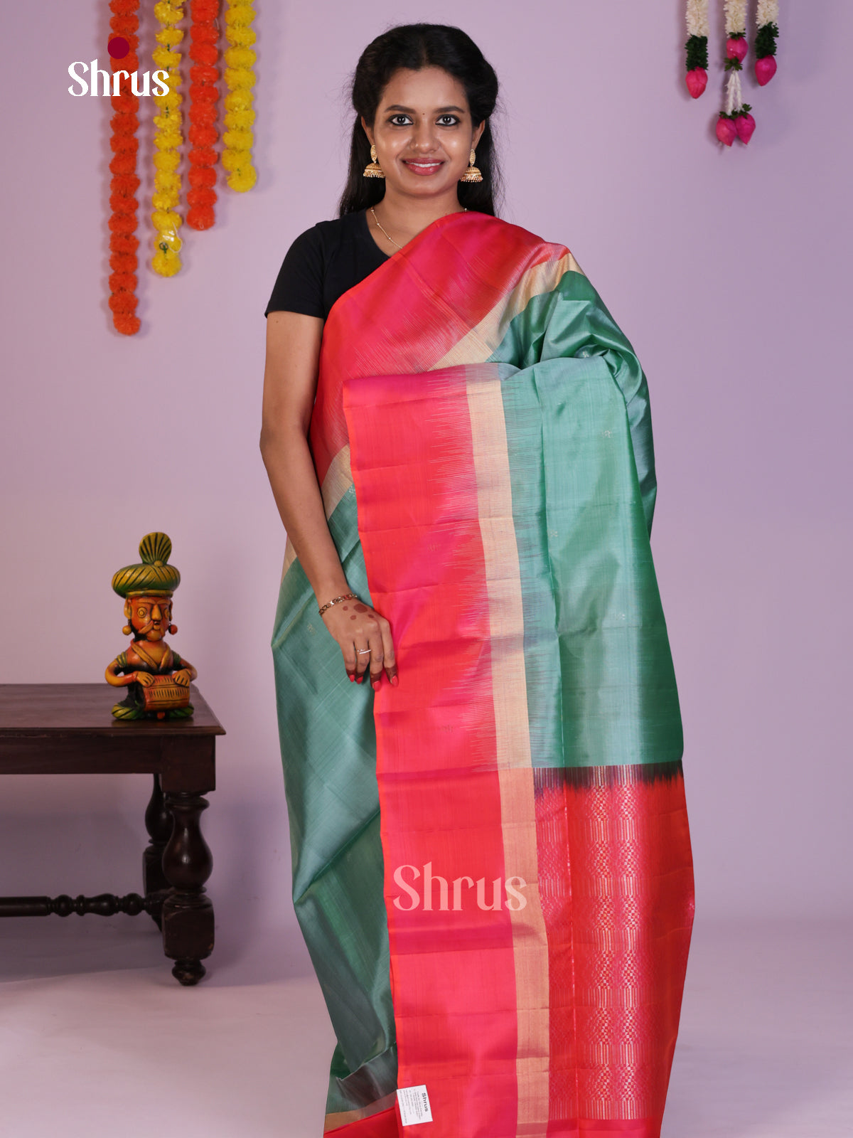 Serene Metallic Green & Orangish Pink Soft Silk  Saree with zari buttas & Brocade pallu