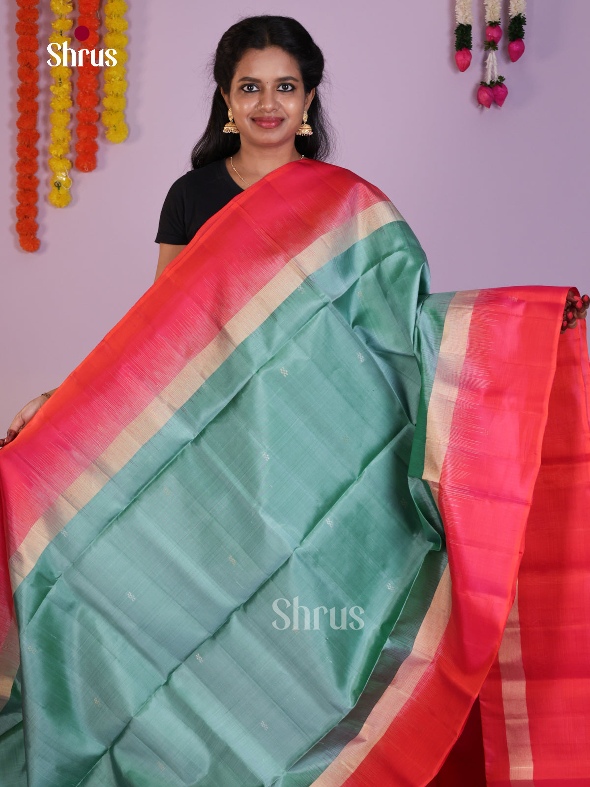 Serene Metallic Green & Orangish Pink Soft Silk  Saree with zari buttas & Brocade pallu