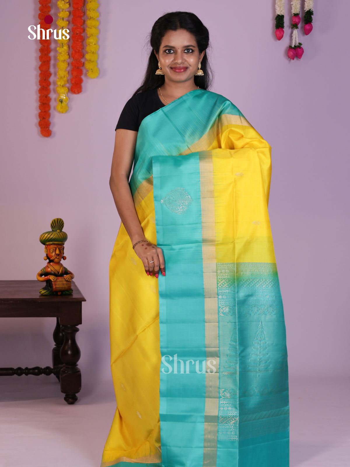 Yellow & Sky Blue  Soft Silk Saree  with zari buttas  & contrast brocade pallu