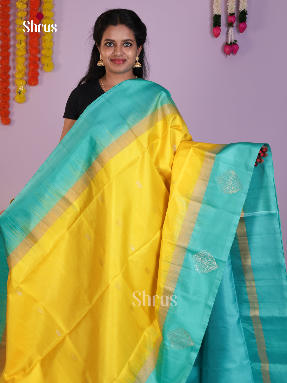 Yellow & Sky Blue  Soft Silk Saree  with zari buttas  & contrast brocade pallu
