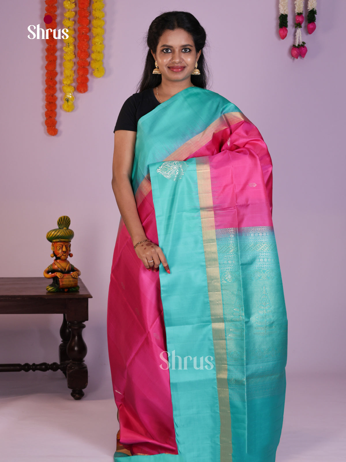 Luxurious  Pink & Sky blue Soft Silk Saree with zari buttas & Brocade pallu - Shop on Shrus.com