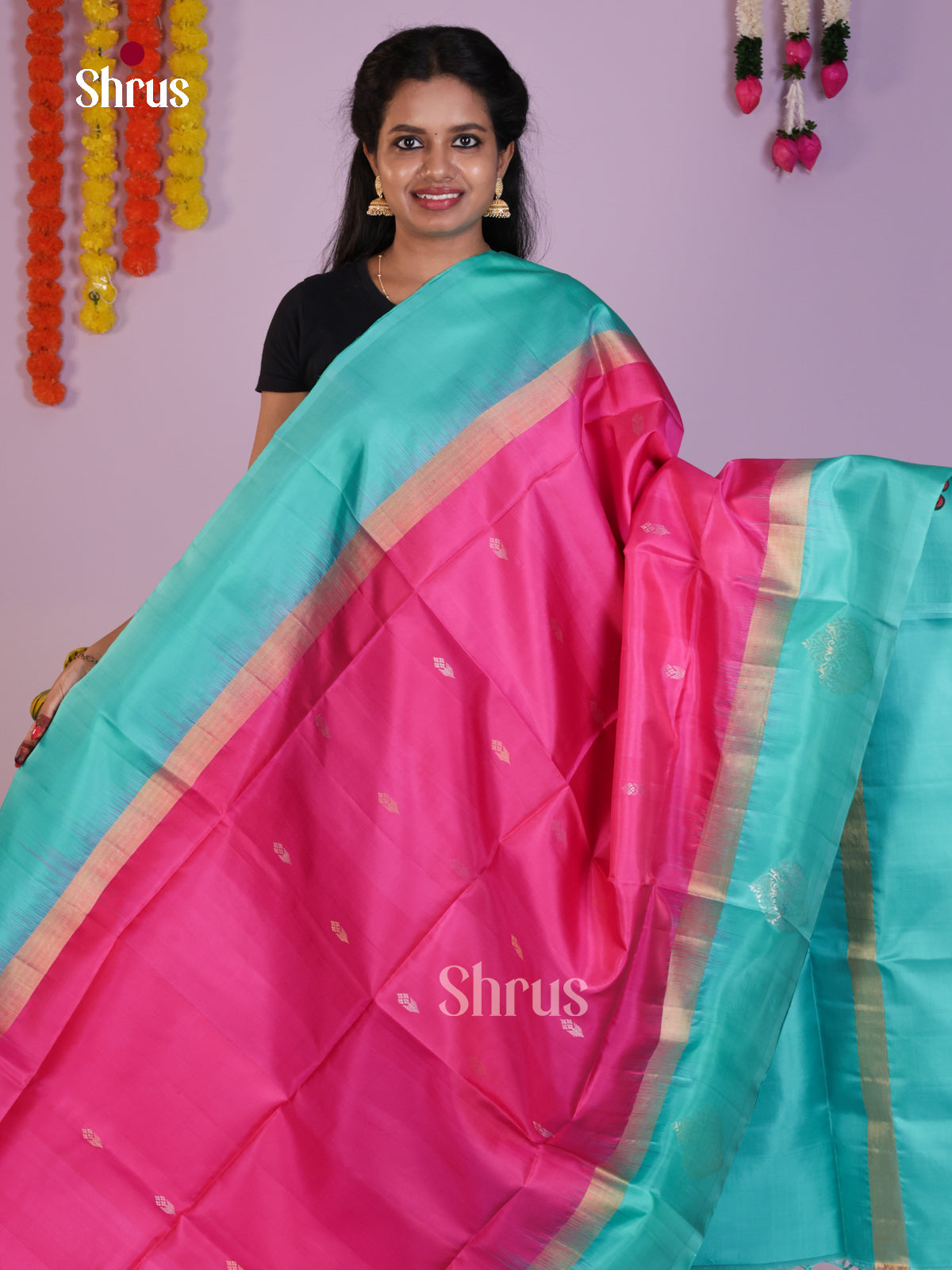 Luxurious  Pink & Sky blue Soft Silk Saree with zari buttas & Brocade pallu - Shop on Shrus.com