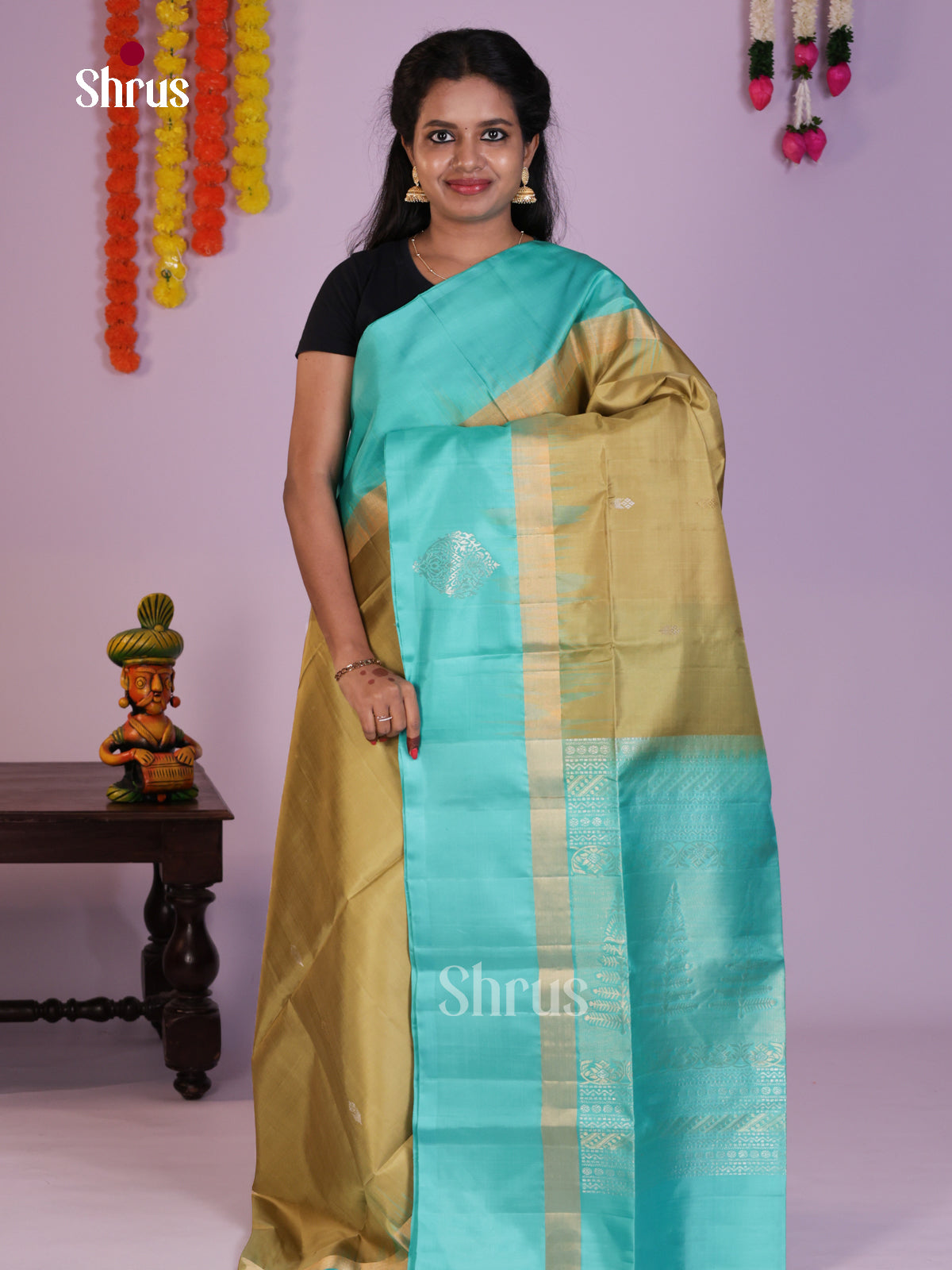 Pretty Mint Green & Teal blue Soft Silk Saree with zari buttas & brocade pallu