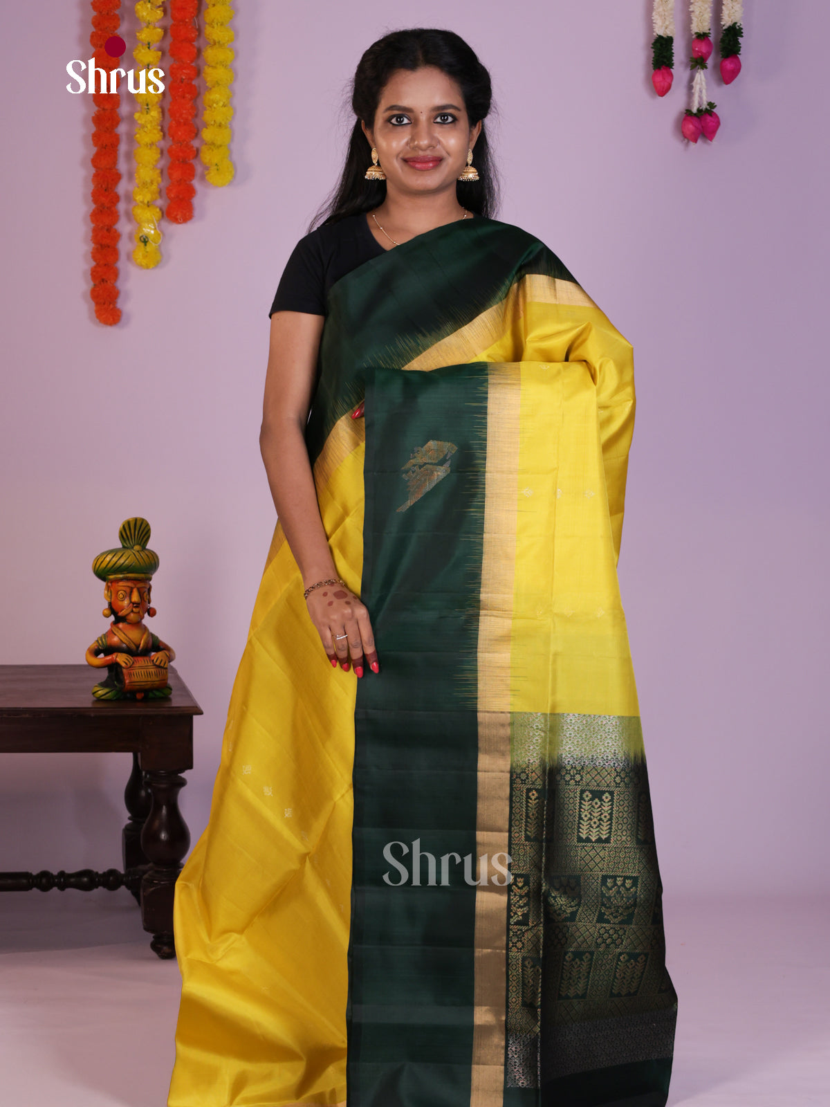 Lustrous Yellow & Green  Soft Silk Saree with zari buttas & brocade pallu