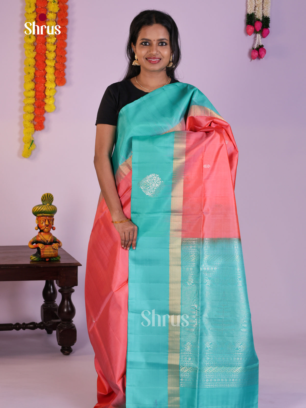 Elegant Peachish Pink & Teal  Soft Silk  Saree with zari buttas $ Brocade Pallu - Shop on Shrus.com