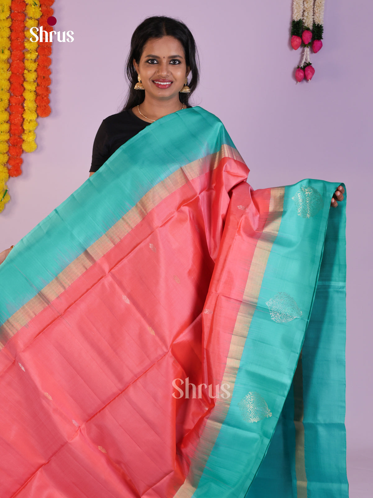 Elegant Peachish Pink & Teal  Soft Silk  Saree with zari buttas $ Brocade Pallu - Shop on Shrus.com