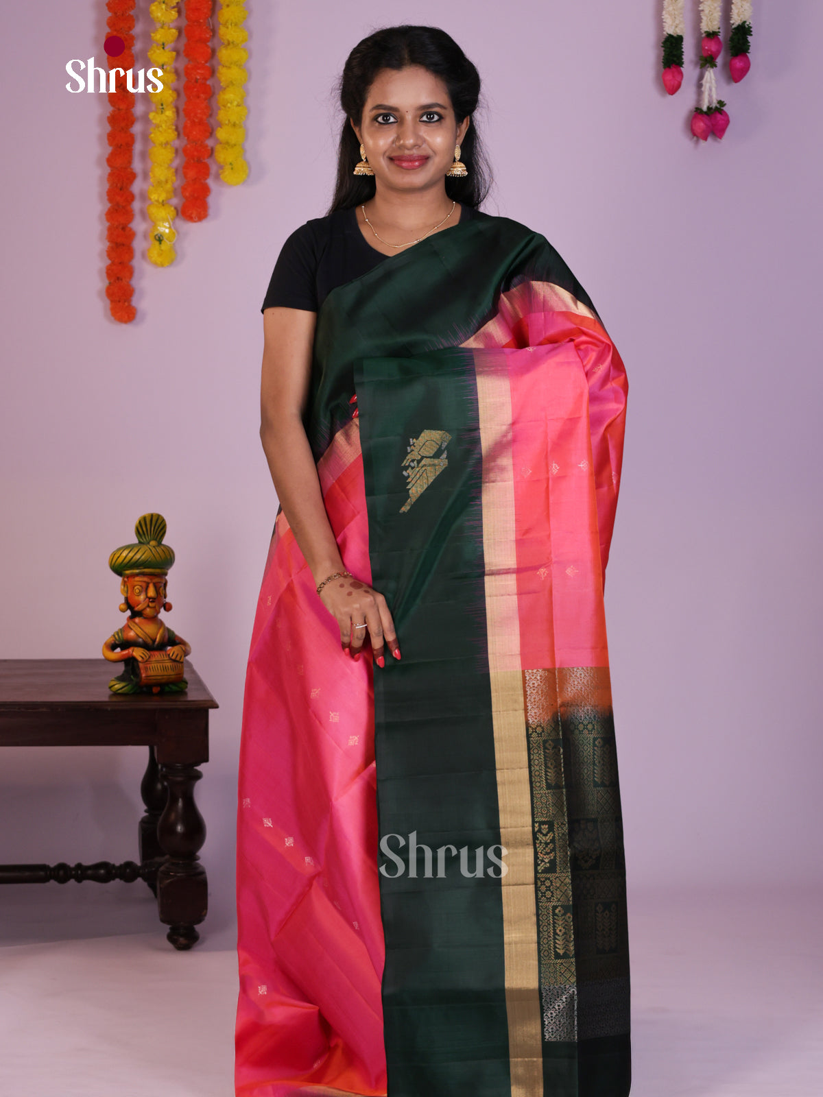 Gorgeous Pink & Green Soft Silk  Saree zari floral buttas & Brocade pallu