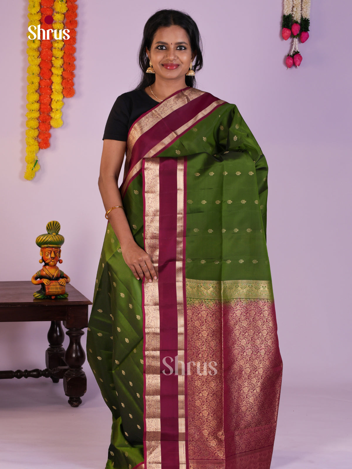 Graceful green & Maroon Soft Silk  Saree with zari floral buttas & Rettaipet border - Shop on Shrus.com