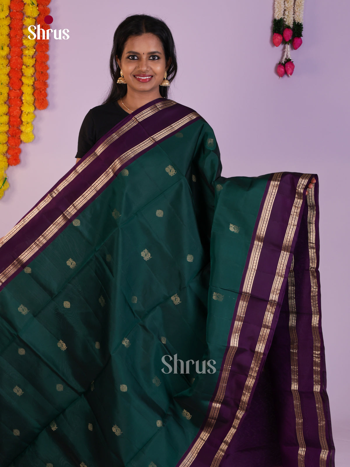Pretty Green & Violet Soft Silk Saree with zari floral , peacock buttas & rettaipet Border - Shop on Shrus.com