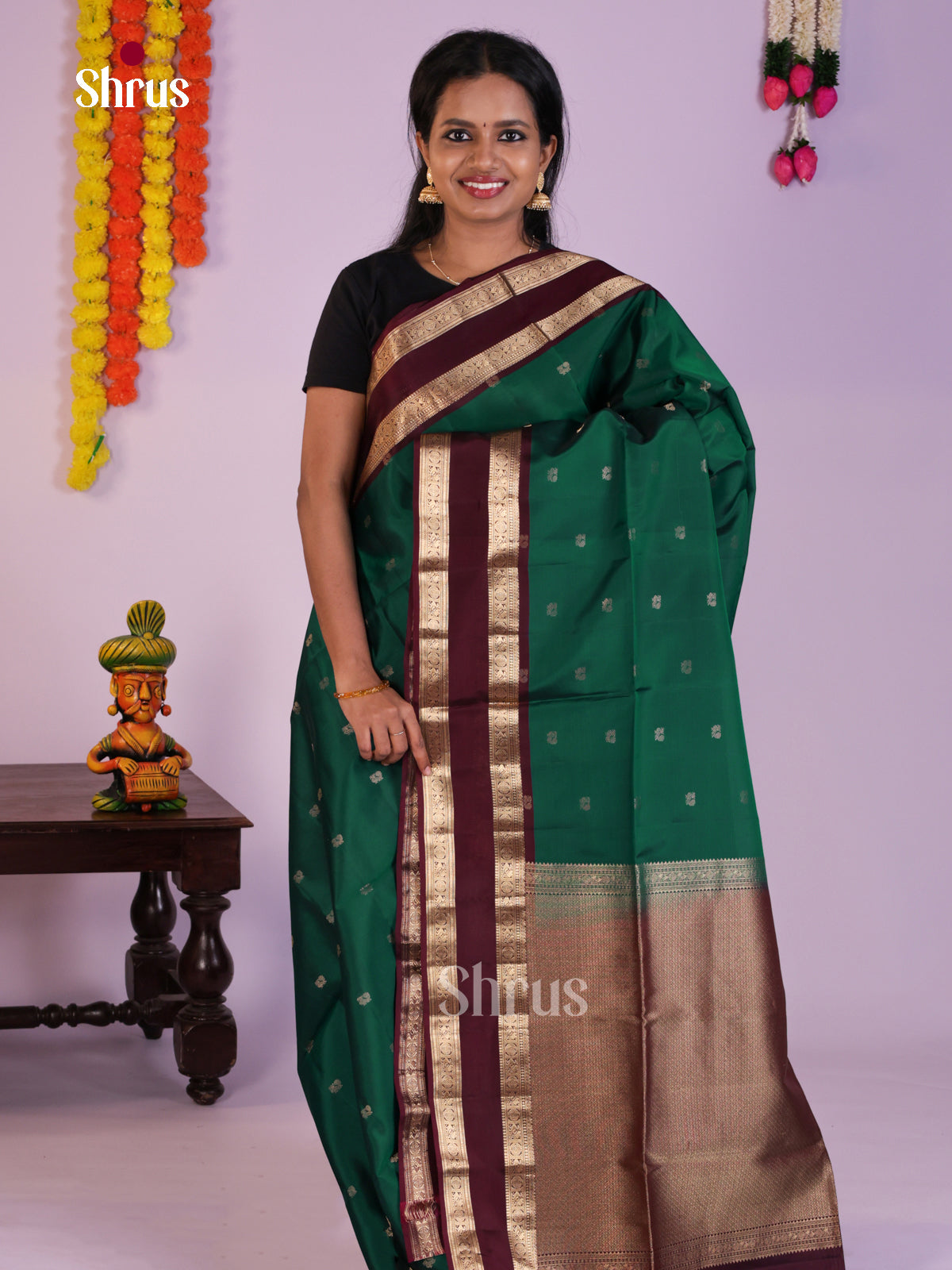 Vibrant Green & Maroon Soft Silk  Saree with zari peacock , floral buttas & Rettaipet border - Shop on Shrus.com