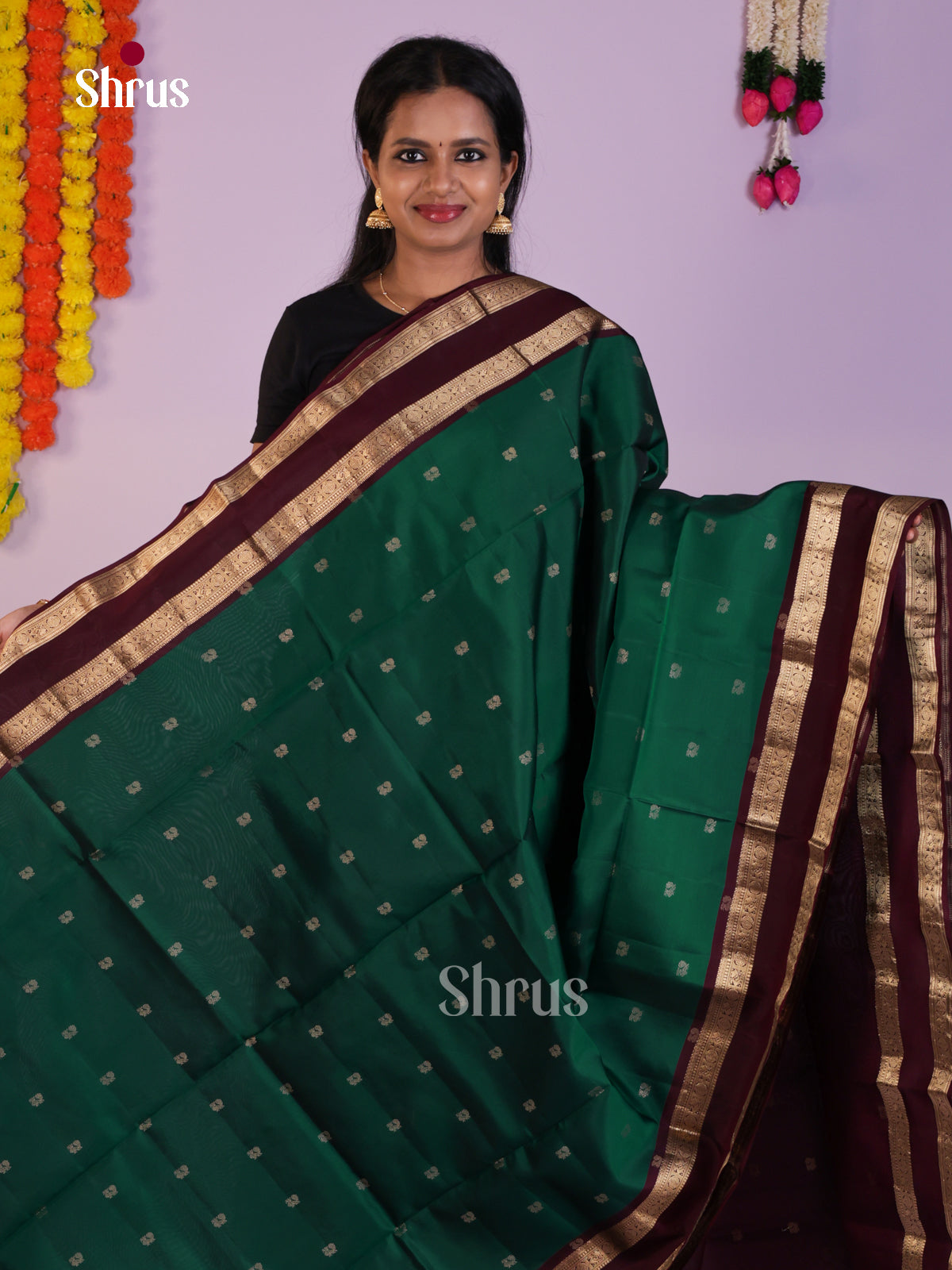 Vibrant Green & Maroon Soft Silk  Saree with zari peacock , floral buttas & Rettaipet border - Shop on Shrus.com