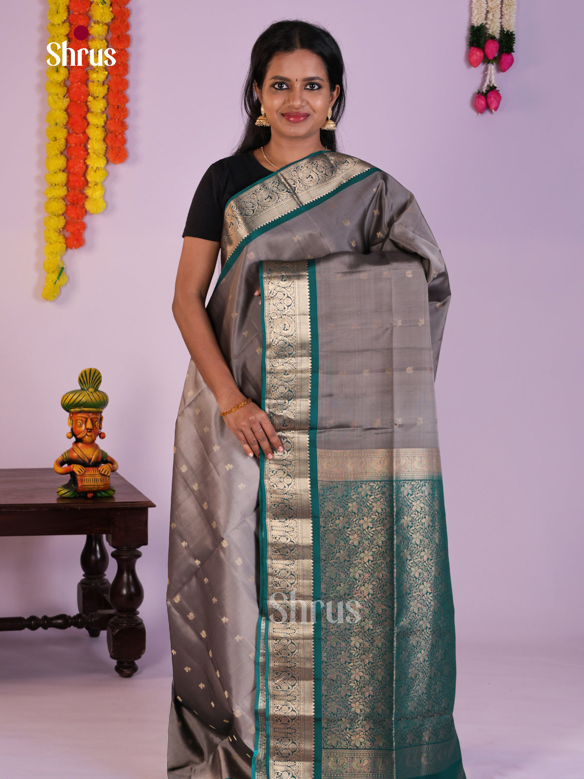 Gorgeous Grey & Green Soft Silk Saree with zari peacock, floral buttas & rich border - Shop on Shrus.com