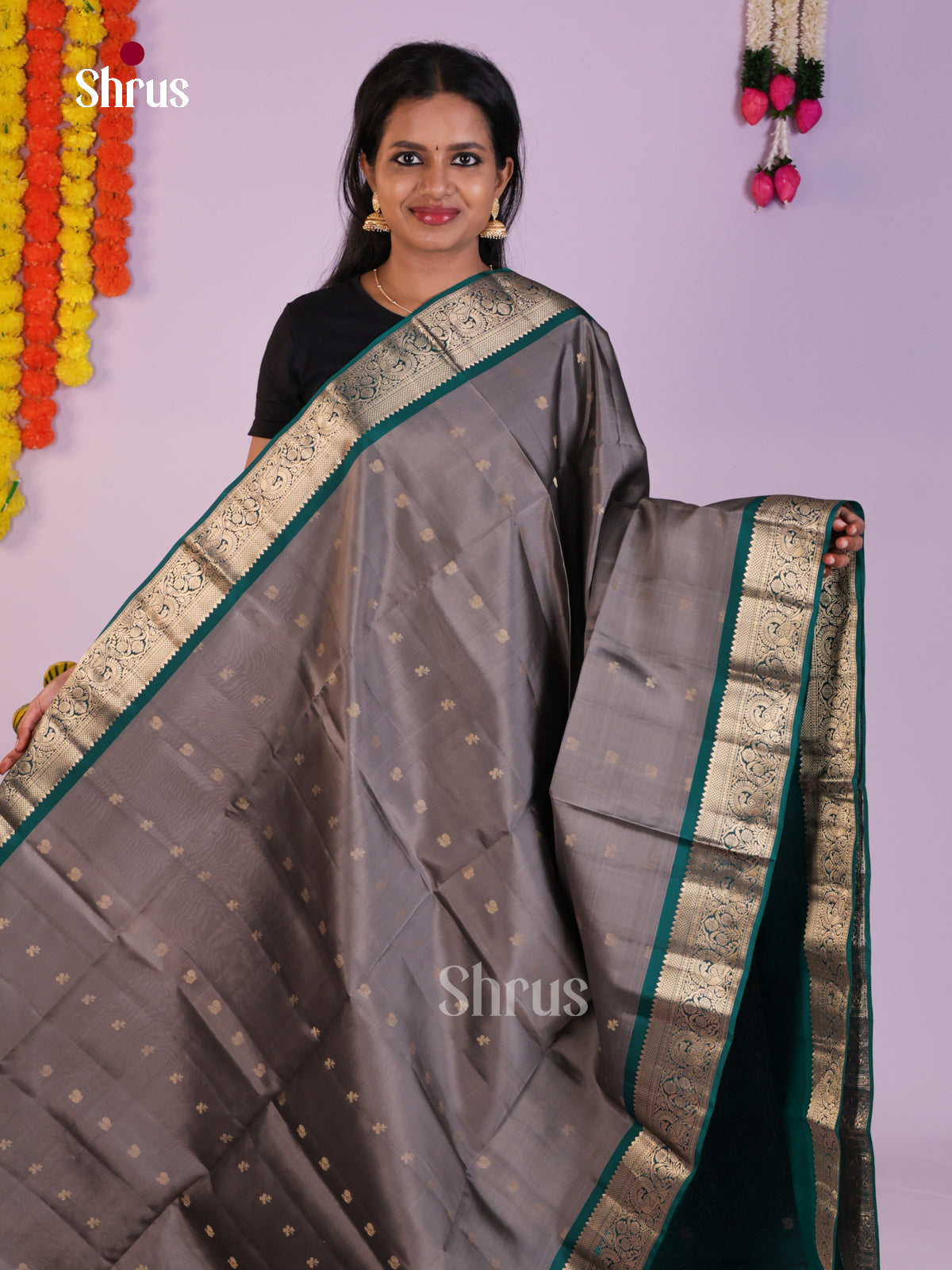 Gorgeous Grey & Green Soft Silk Saree with zari peacock, floral buttas & rich border - Shop on Shrus.com