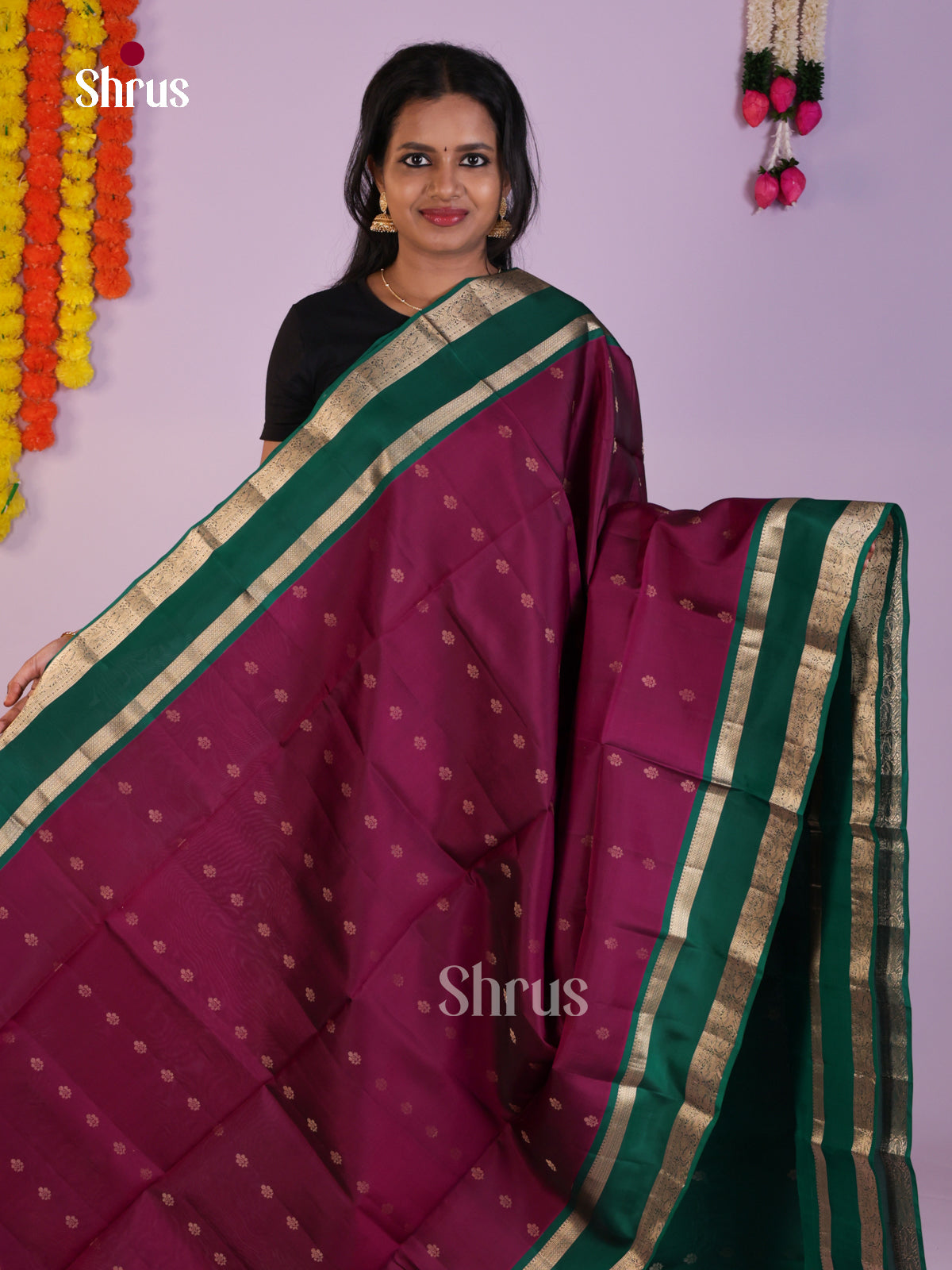 Classic Wine & Green Soft Silk Saree with zari buttas & rettaipet Border - Shop on Shrus.com