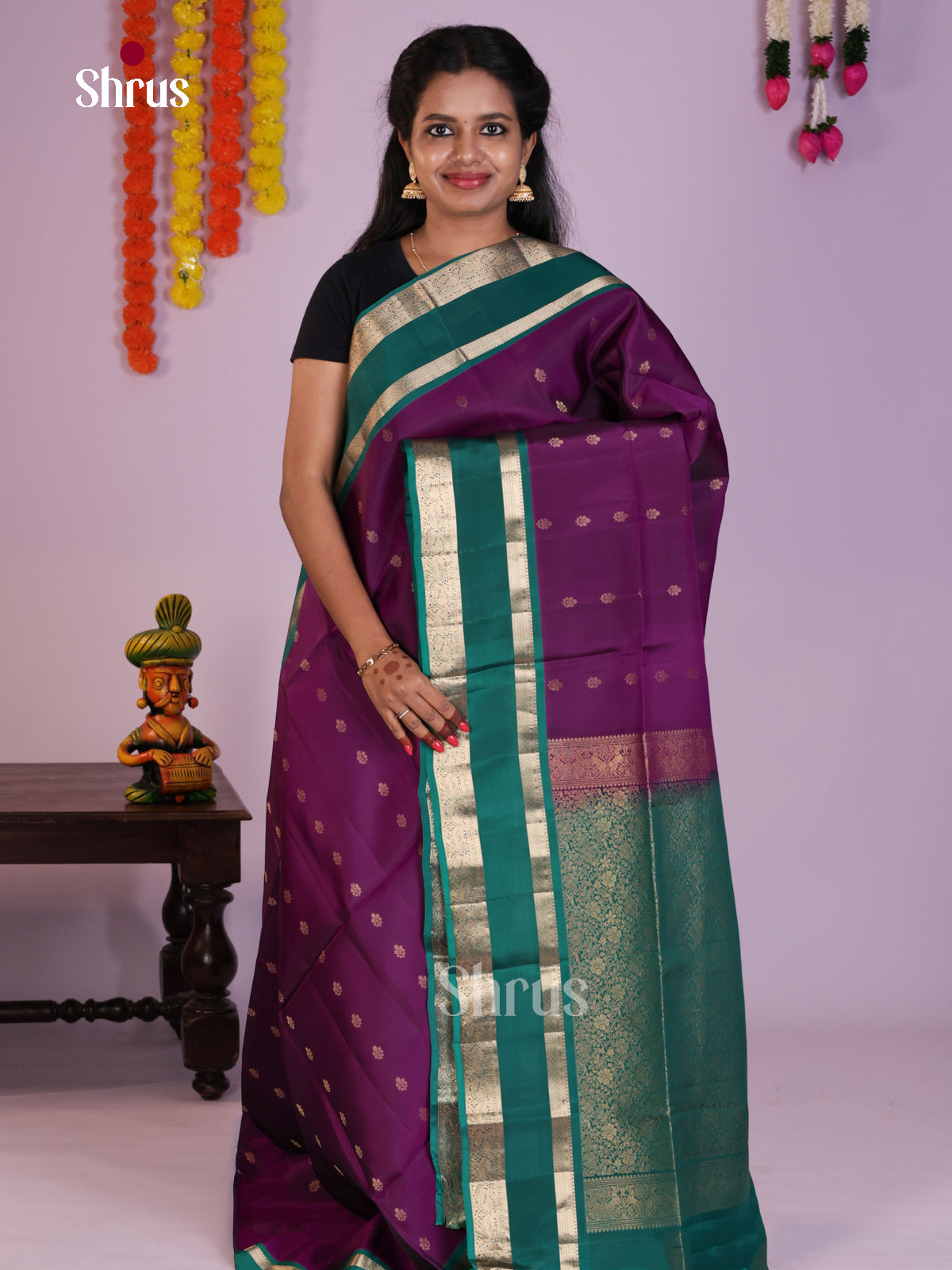 Elegant Violet & Green Soft Silk Saree with zari Buttas , rettaipet border - Shop on Shrus.com