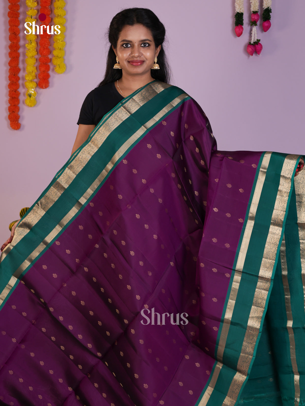 Elegant Violet & Green Soft Silk Saree with zari Buttas , rettaipet border - Shop on Shrus.com