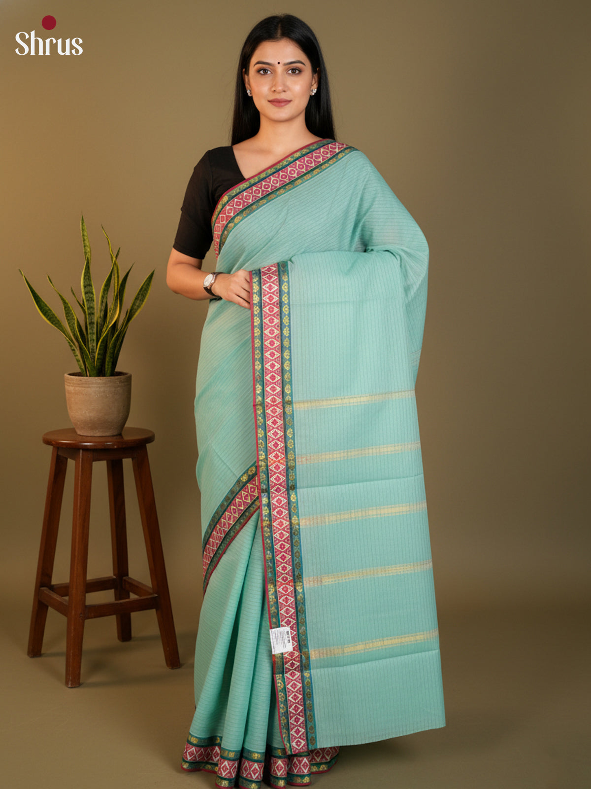 Pastel Green & Red  - South Cotton Saree-DLS15190