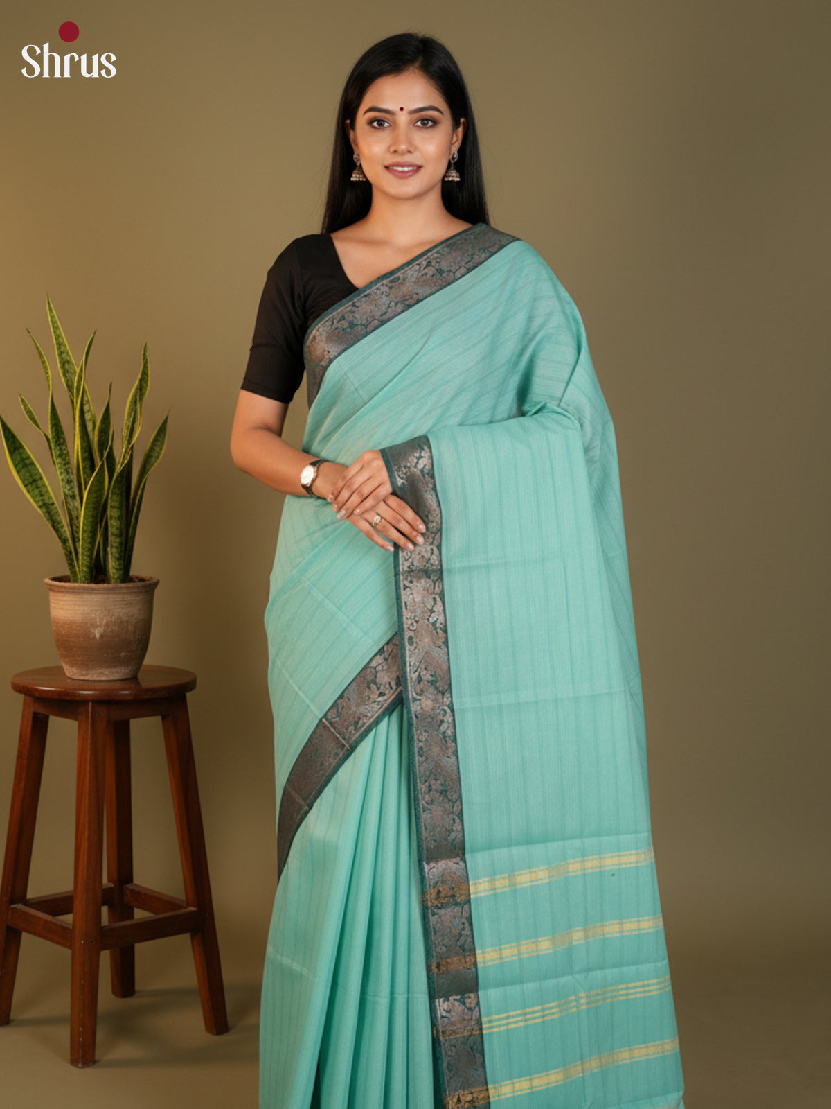 pastel blue & Green - South Cotton Saree - DLS15198