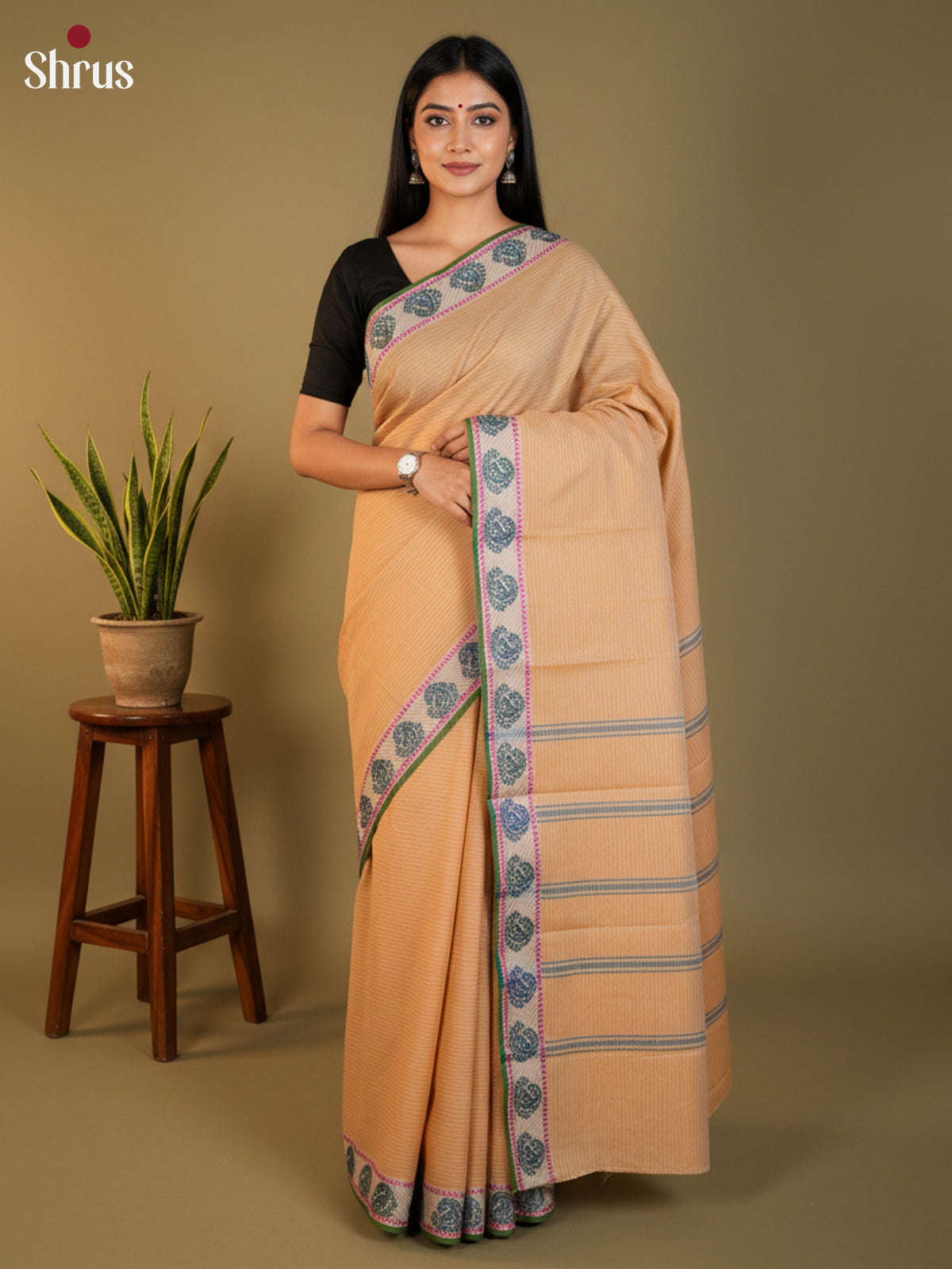 Peach & Green - South Cotton Saree-DLS15201