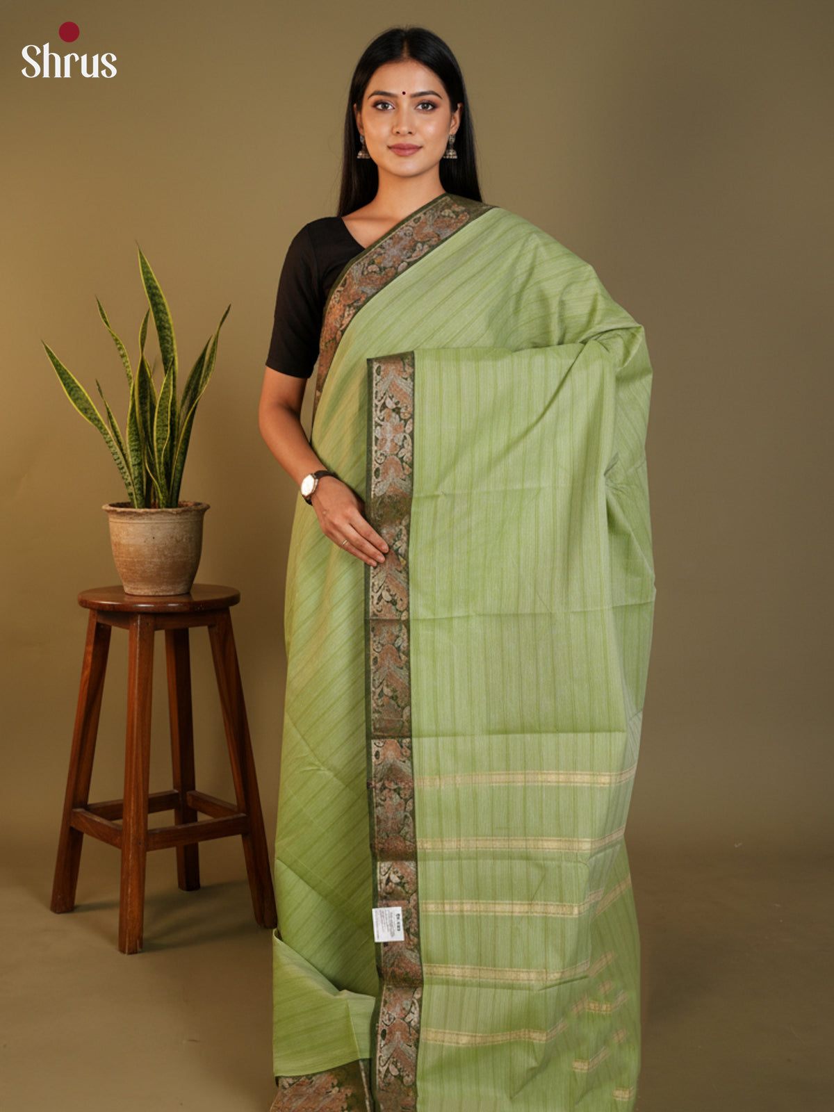Light Green  & Green - South Cotton Saree- DLS15210