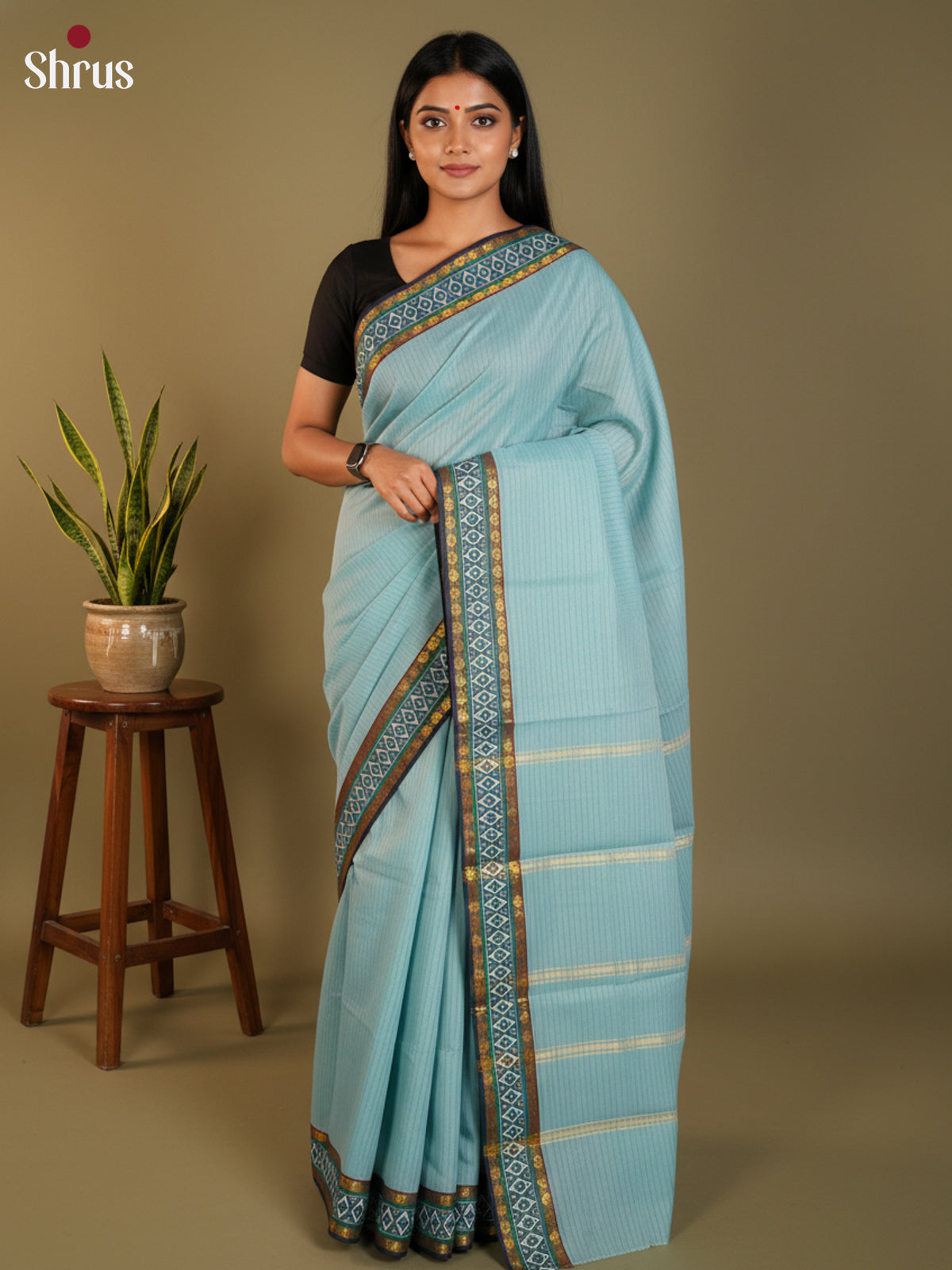 Pastel Blue & Blue - South Cotton Saree- DLS15211 - Shop on Shrus.com