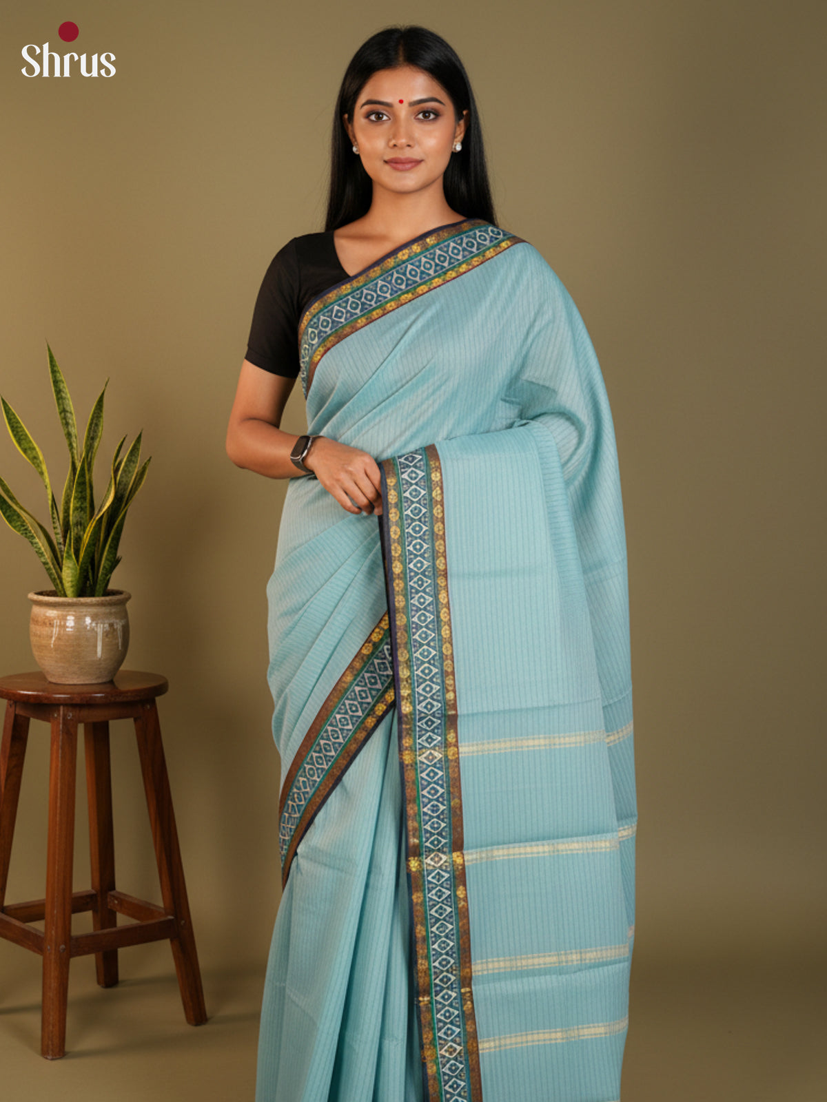 Pastel Blue & Blue - South Cotton Saree- DLS15211 - Shop on Shrus.com