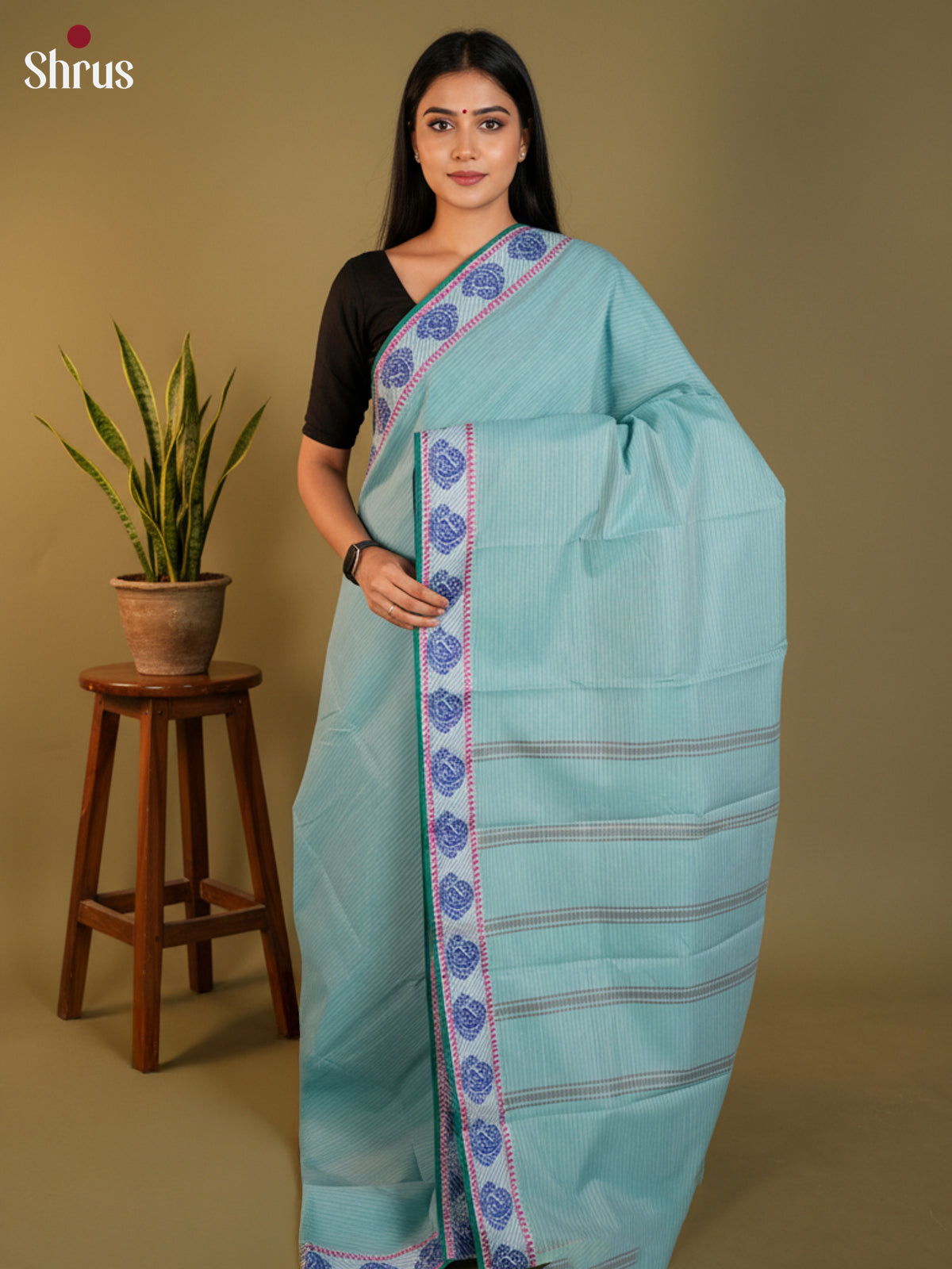 Pastel Blue & Green- South Cotton Saree-DLS15217