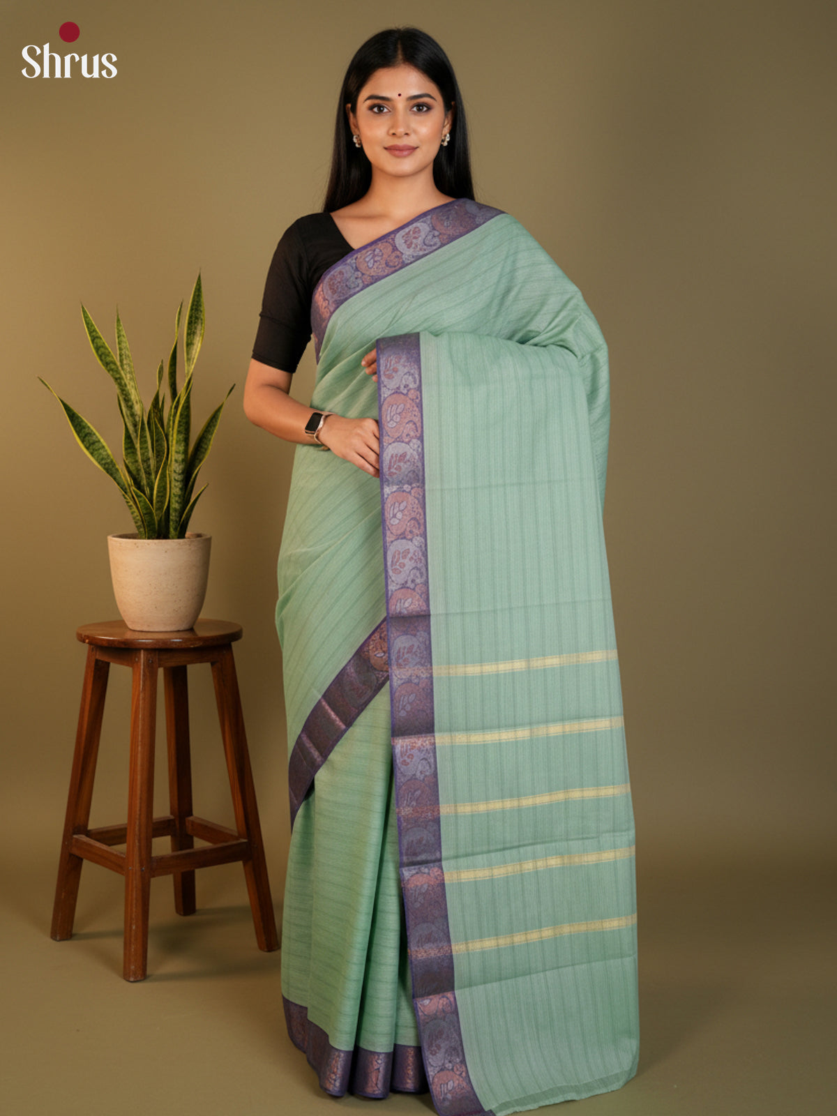 Pastel green & Blue  - South Cotton Saree-DLS15228