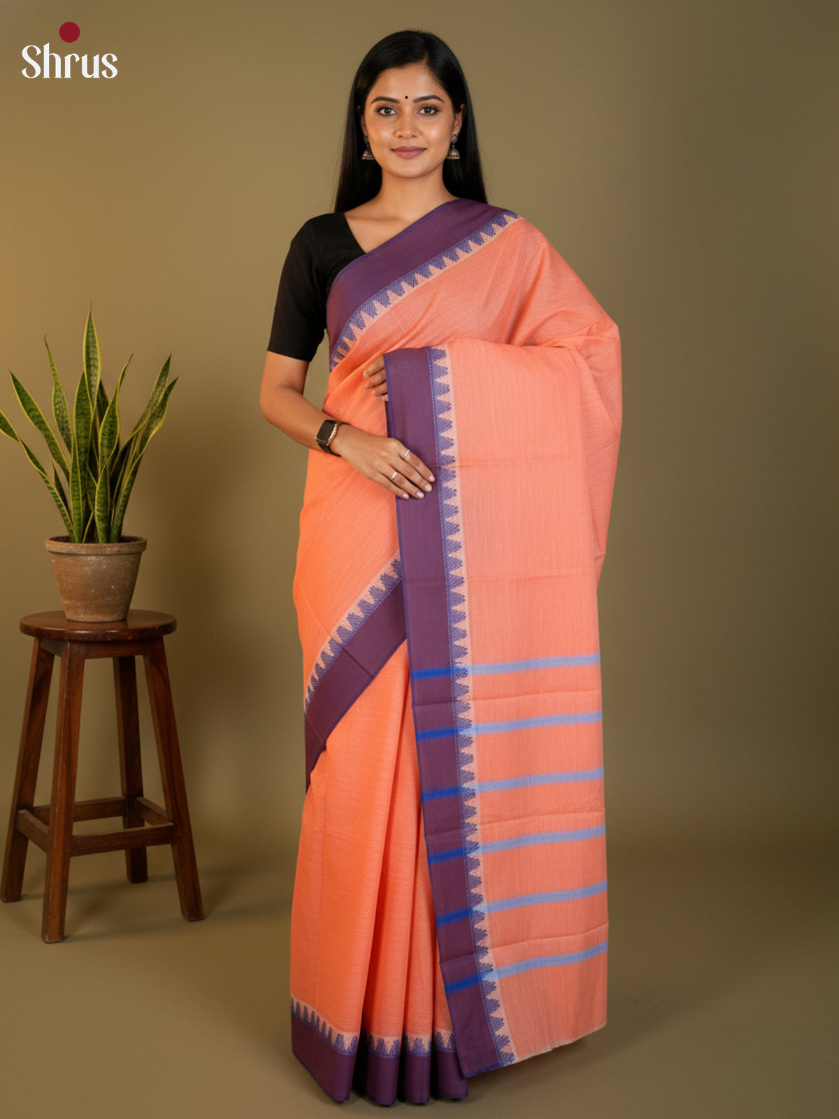 Peach & Purple  - South Cotton Saree-DLS15235