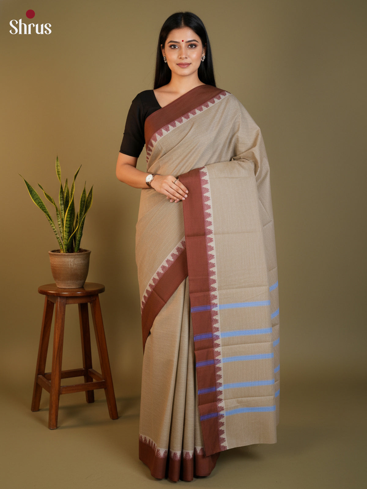 Grey & Brown  - South Cotton Saree-DLS15243