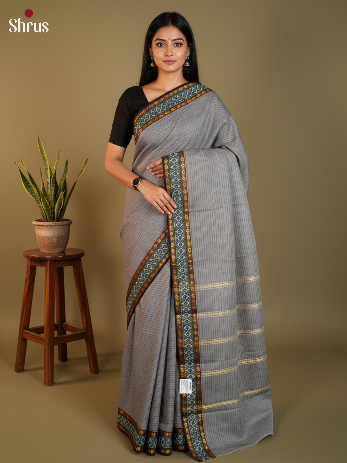 Grey & Black - South Cotton Saree- DLS15244