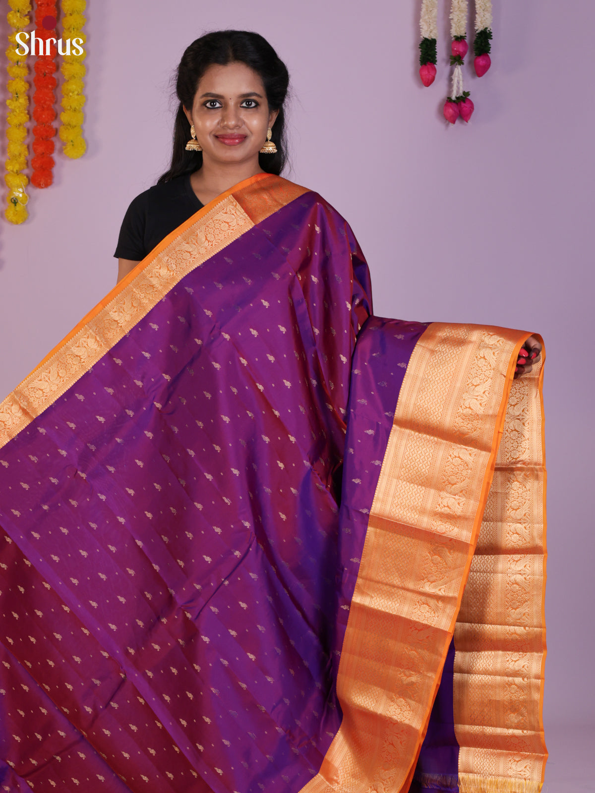 Purple & Orange  - Kanchipuram-halfpure Saree- DLS16005 - Shop on Shrus.com