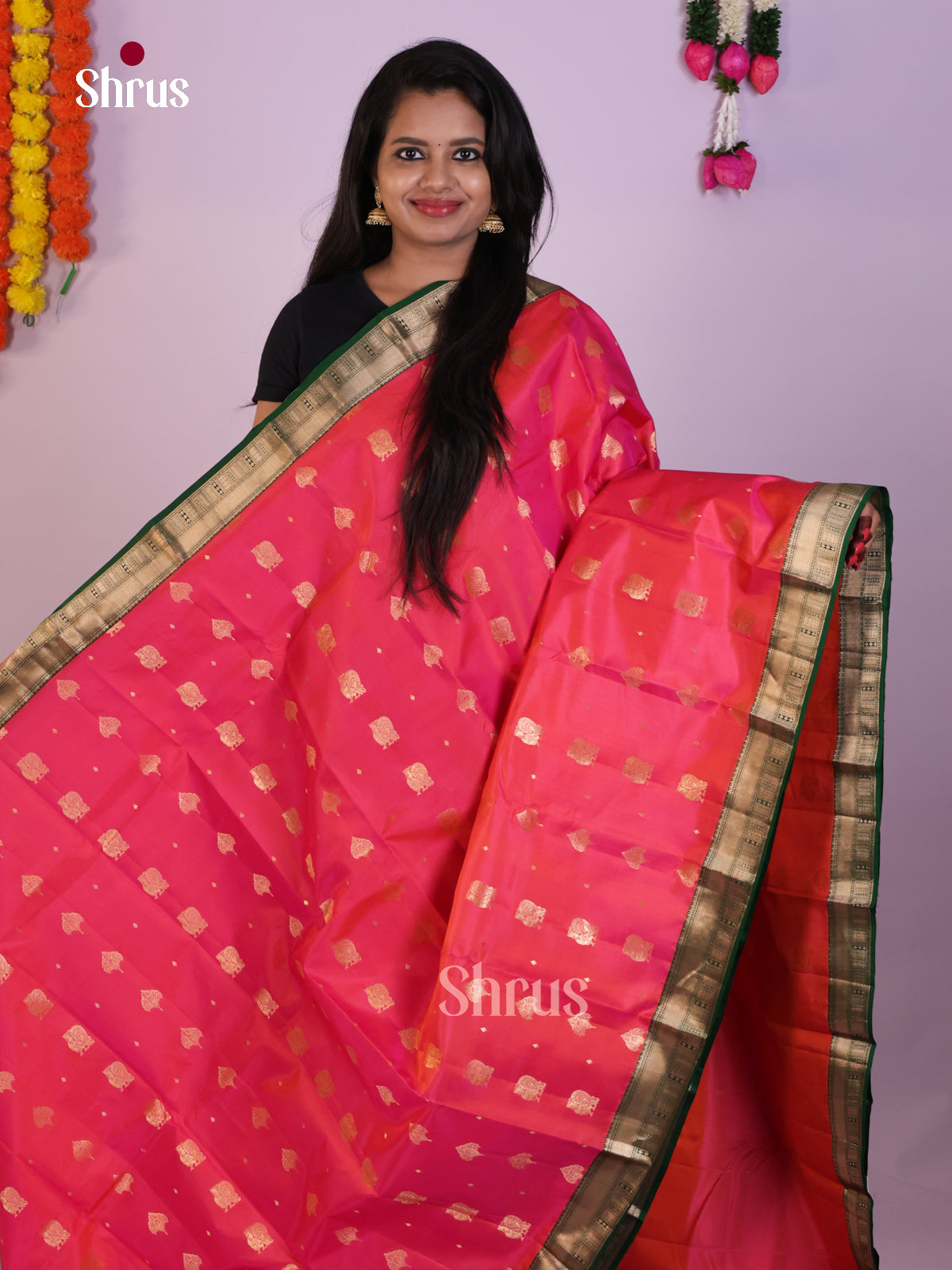 Dual Tone Pink Wedding Saree With Zari Leaf Motifs & Green Brocade Pallu