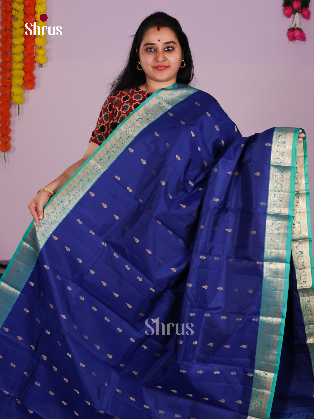 Stunning Royal Blue Silk Saree With Zari Buttas & Sea Green Border