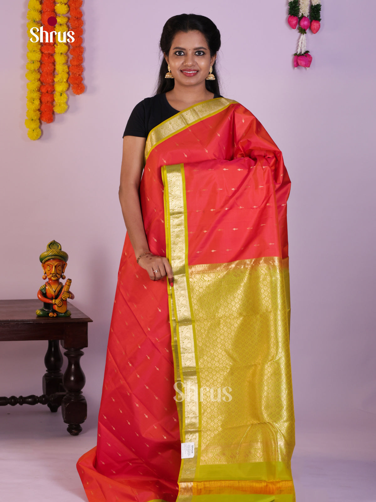 Vibrant Orangish Red Kanchipuram Silk Saree With Zari Buttas & Lime Green Border