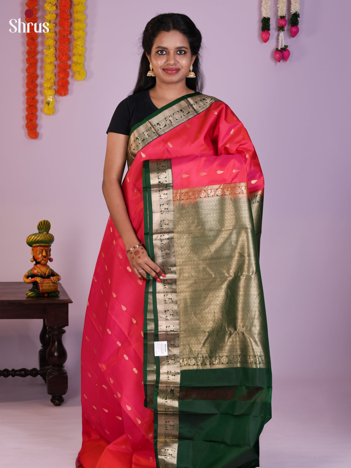 Pretty Pink Kanjivaram Silk Saree With Zari Buttas & Green Zari Border