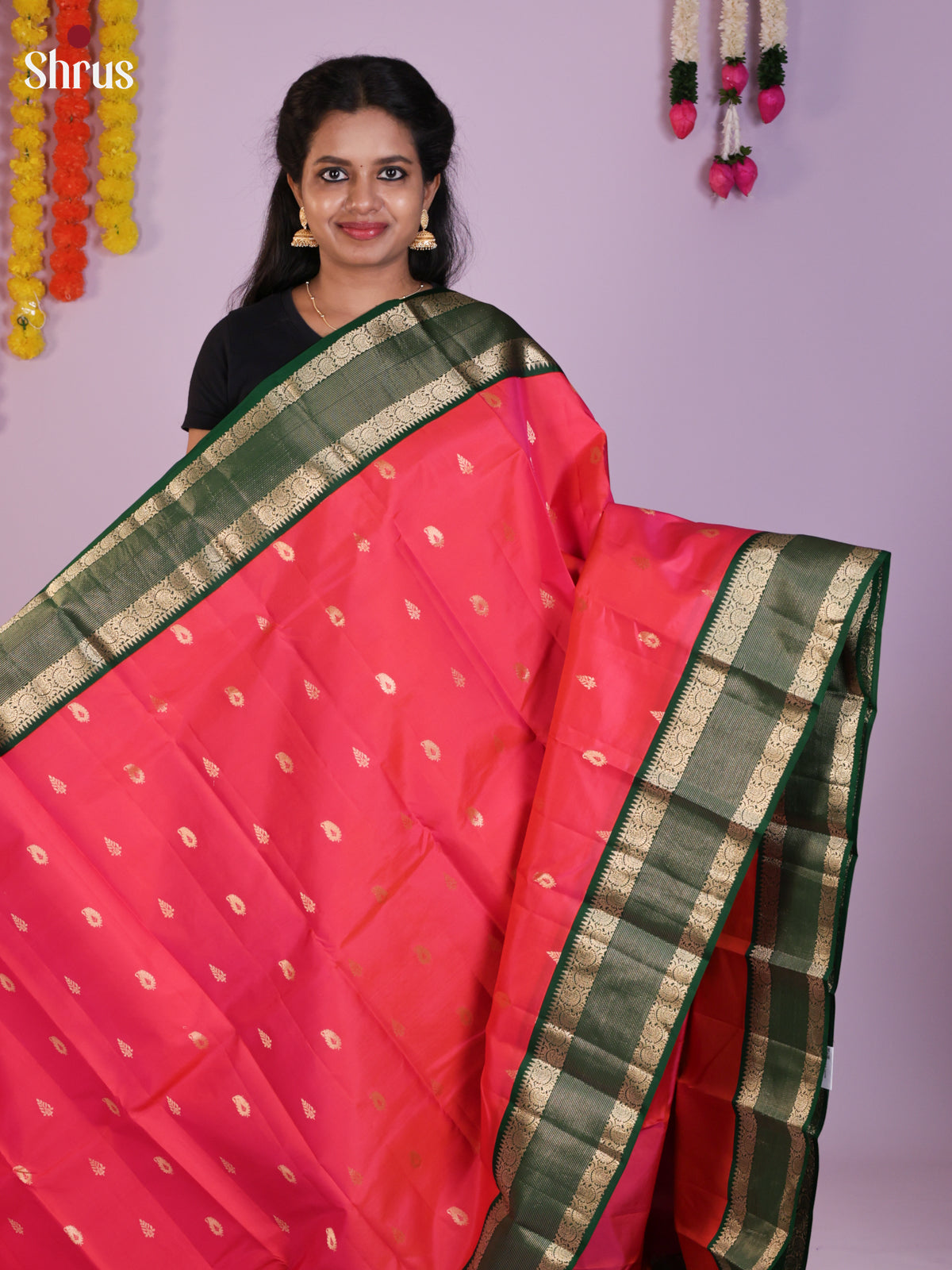Radiant Pink Pattu Saree With Golden Buttas & Green Rettaipet Border