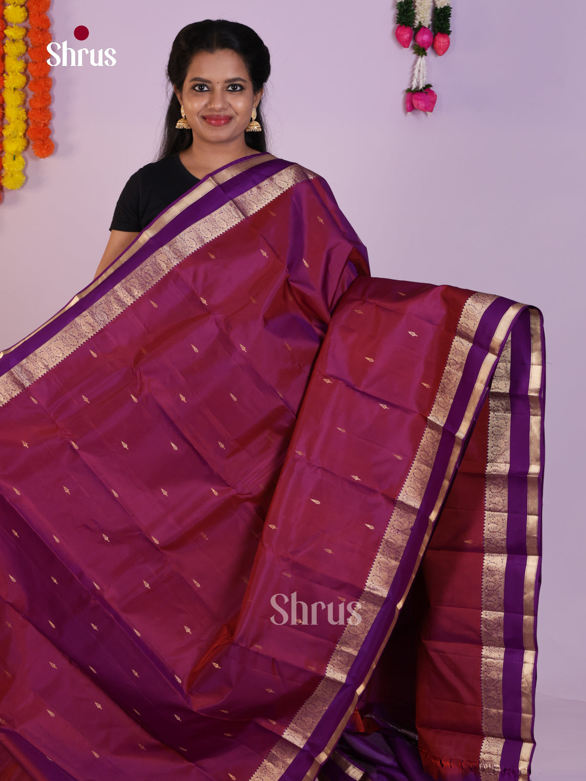 Chic Magenta Kanchipuram Silk Saree With Buttas & Purple Rettaipet Border