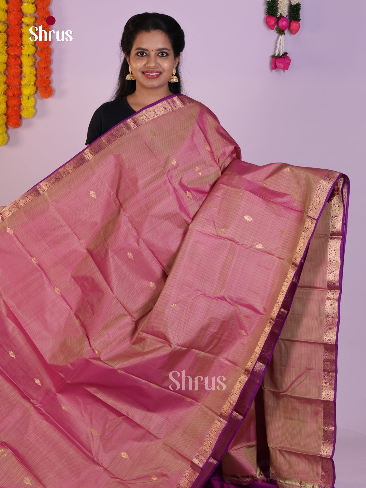 Vibrant Onion Pink Bridal Kanchipuram Silk Saree with Purple Zari Pallu