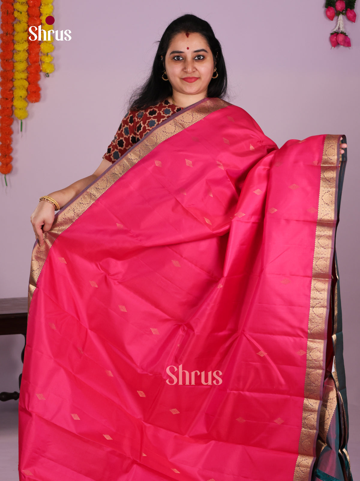Radiant Rani Pink Wedding Saree With Gold Buttas & Brown Zari Border