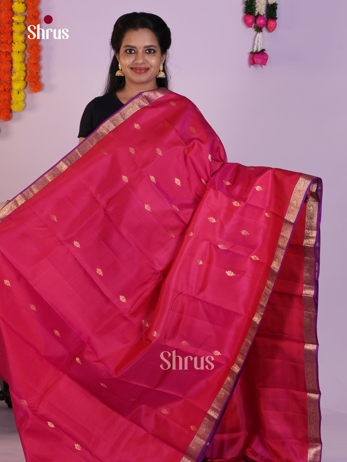 Graceful Fuchsia Pink Wedding Saree With Floral Buttas & Purple Kaddi Zari Border