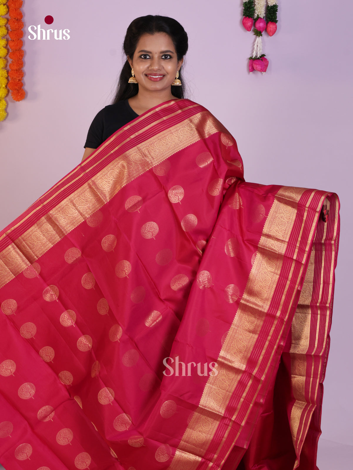 Radiant Pink Bridal Pattu Saree with Golden Motifs & Brocade Pallu